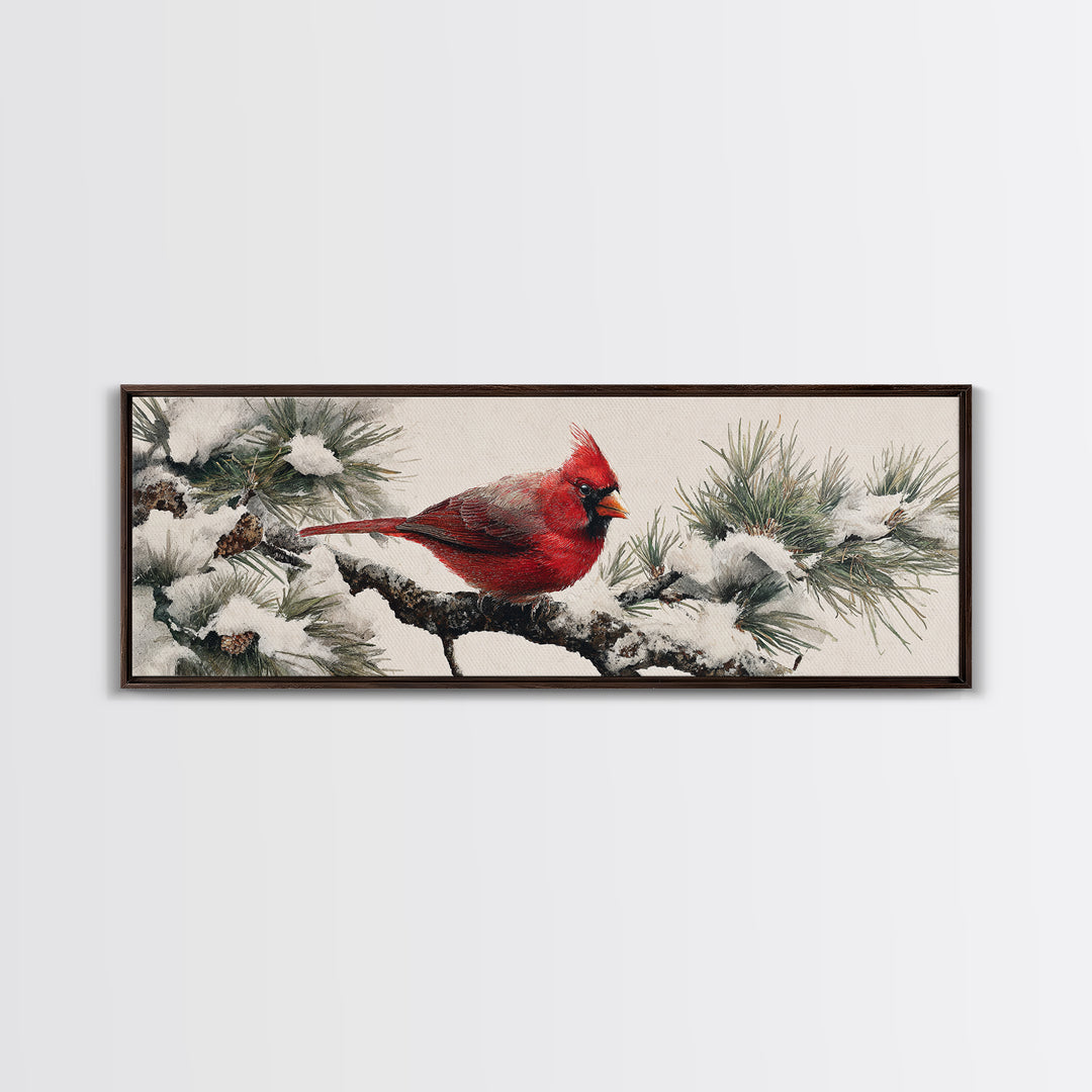 Red Cardinal on Snowy Pine Branch Framed Canvas Print, Bird Art, Floral Art, Living Room Decor, Fine Art, Flight, BIR-3x1-89