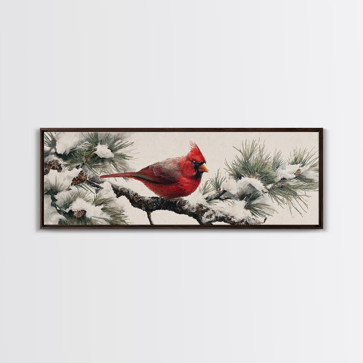 Red Cardinal on Snowy Pine Branch Framed Canvas Print, Bird Art, Floral Art, Living Room Decor, Fine Art, Flight, BIR-3x1-89