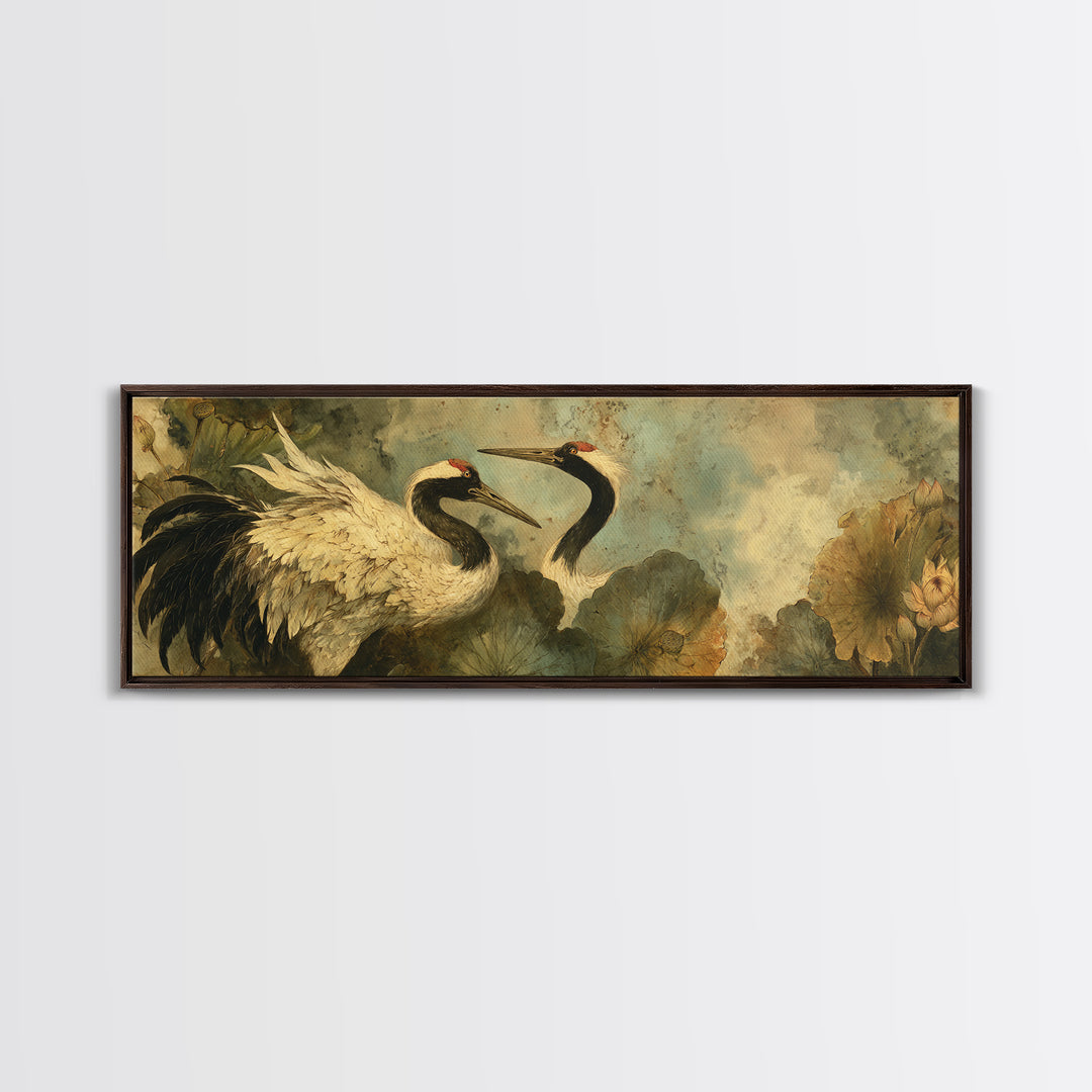 Crane and Lotus Composition Framed Canvas Print, Bird Art, Farmhouse Decor, Living Room Decor, Flight, Digital Download Art, BIR-3x1-9