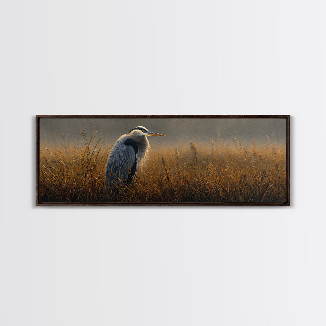 Blue Heron in Misty Marsh Grass Framed Canvas Print, Bird Art, Bird Prints, Living Room Decor, Fine Art, Flight, Modern Decor, BIR-3x1-90