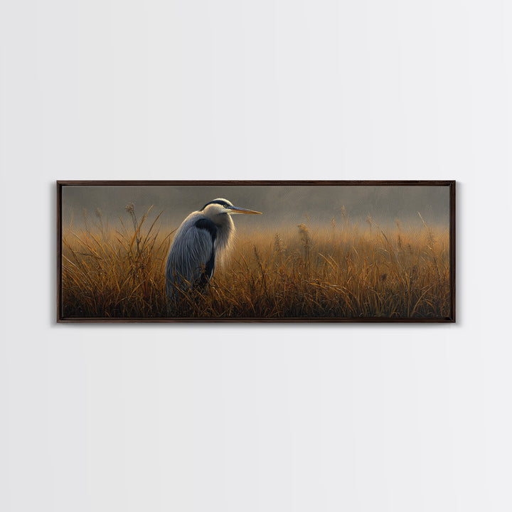 Blue Heron in Misty Marsh Grass Framed Canvas Print, Bird Art, Bird Prints, Living Room Decor, Fine Art, Flight, Modern Decor, BIR-3x1-90