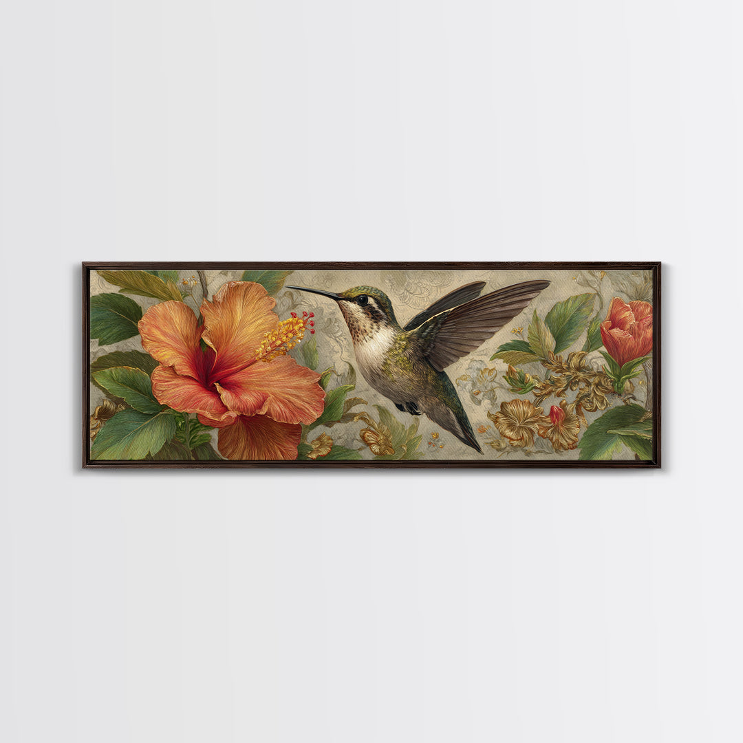 Hummingbird Hovering Beside Bright Hibiscus Canvas Print, Bird Art, Mid Century Modern, Living Room Decor, Oil Painting, Flight, BIR-3x1-92