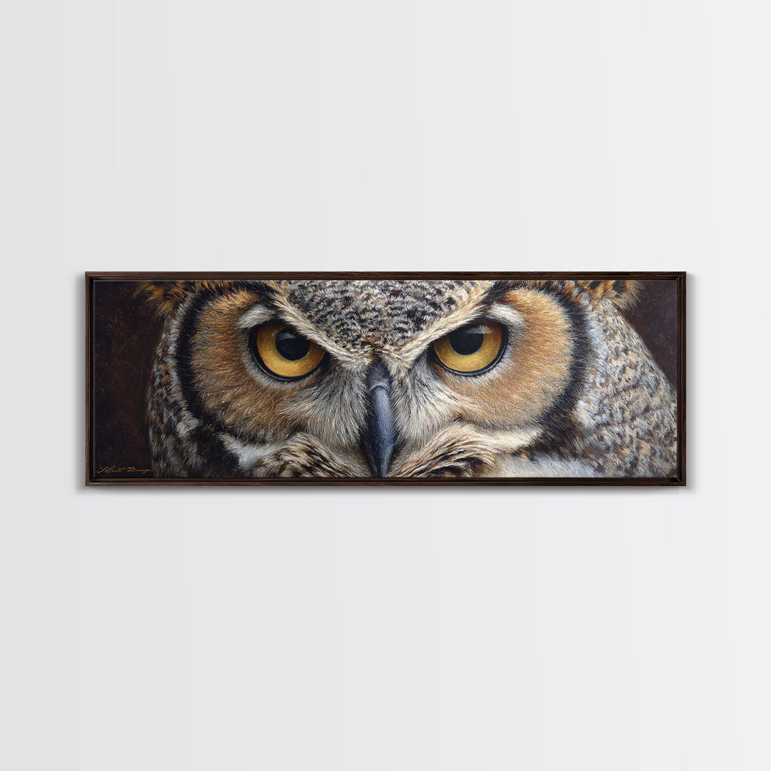 Owl Portrait with Wise Golden Eyes Canvas Print, Bird Art, Forest Wall Art, Living Room Decor, Flight, Minimalist Decor, BIR-3x1-93