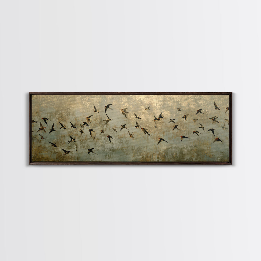 Flock of Swallows Sweeping Across Open Sky Canvas Print, Bird Art, Botanical Wall Art, Living Room Decor, Watercolor Art, BIR-3x1-94
