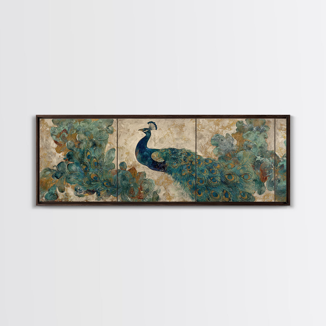 Peacock with Jewel Tone Feather Pattern Canvas Print, Bird Art, Textured Painting, Living Room Decor, Oil Painting, Flight, BIR-3x1-95
