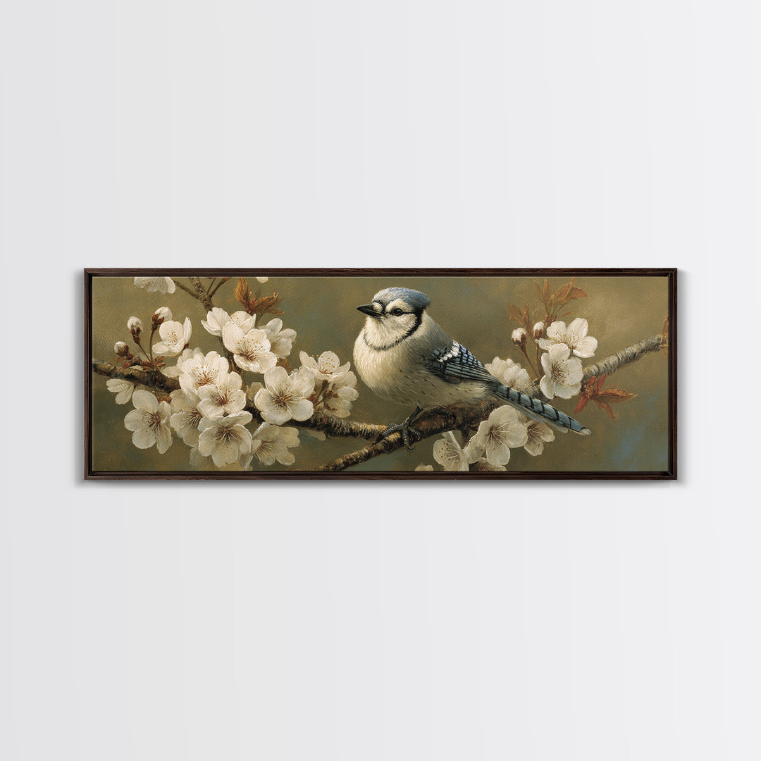 Songbird Perched on Cherry Blossoms Canvas Print, Bird Art, Neutral Decor, Living Room Decor, Fine Art, Flight, Wall Art, BIR-3x1-96
