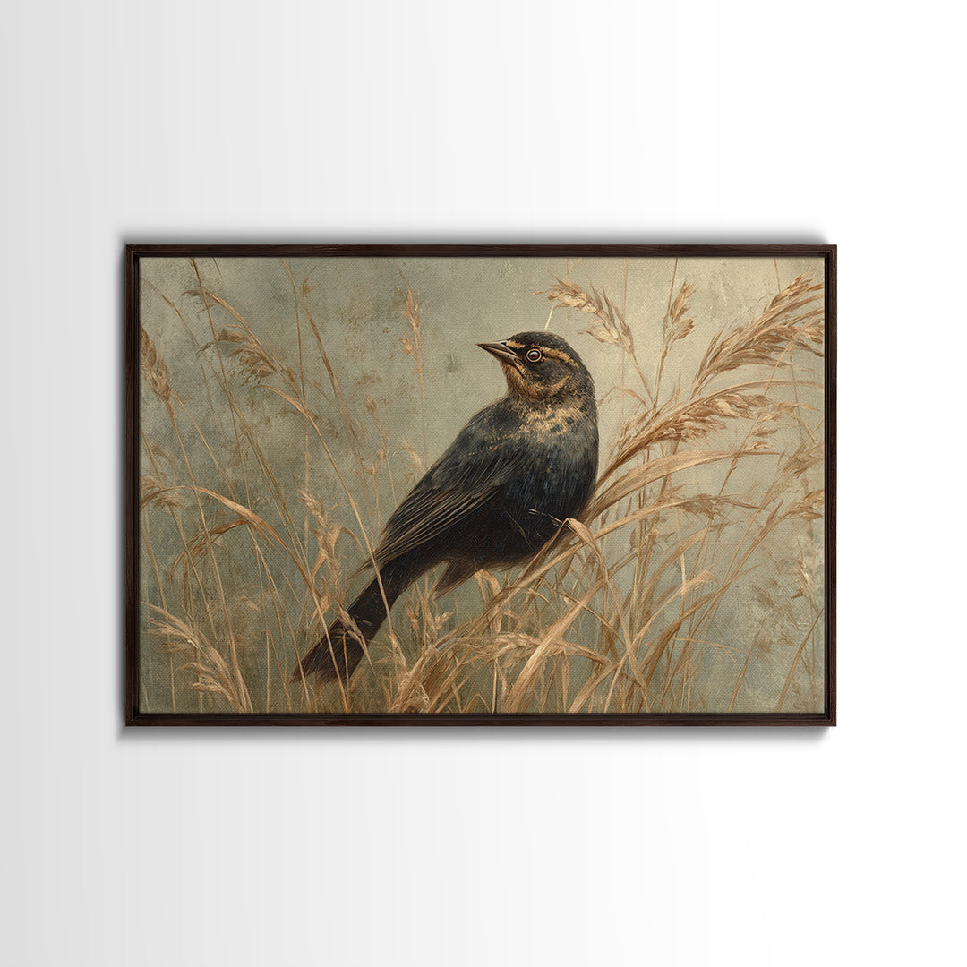 Blackbird on Gold Wheat Field Framed Canvas Print, Bird Art, Fine Art Print, Living Room Decor, Oil Painting, Flight, BIR-3x2-100