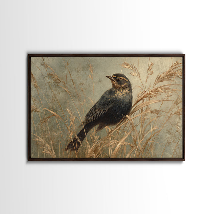 Blackbird on Gold Wheat Field Framed Canvas Print, Bird Art, Fine Art Print, Living Room Decor, Oil Painting, Flight, BIR-3x2-100