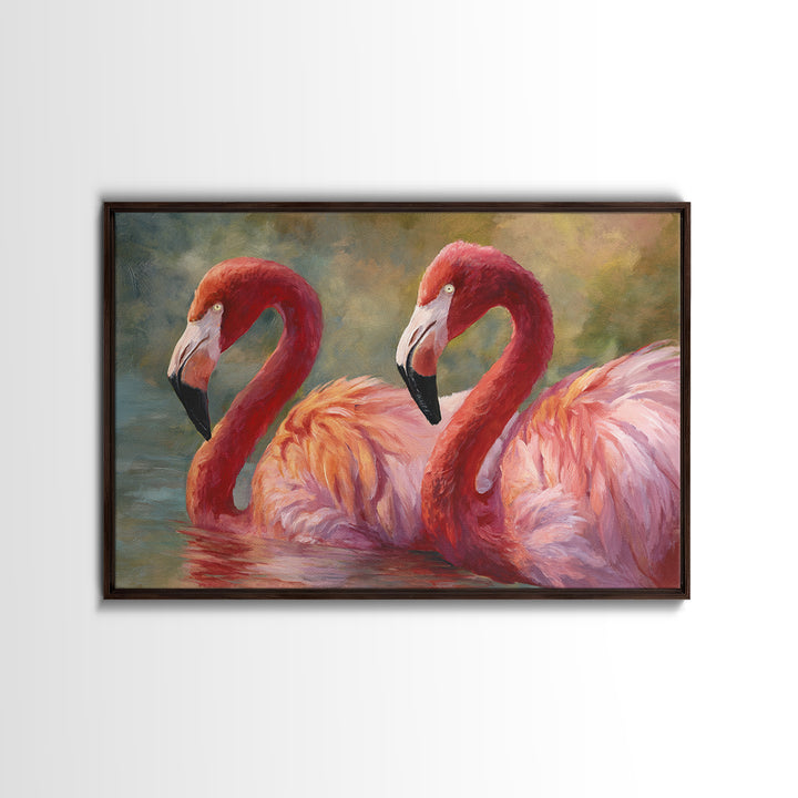 Flamingo Pair in Coral Water Reflections Framed Canvas Print, Bird Art, Original Art, Living Room Decor, Fine Art, Flight, BIR-3x2-14
