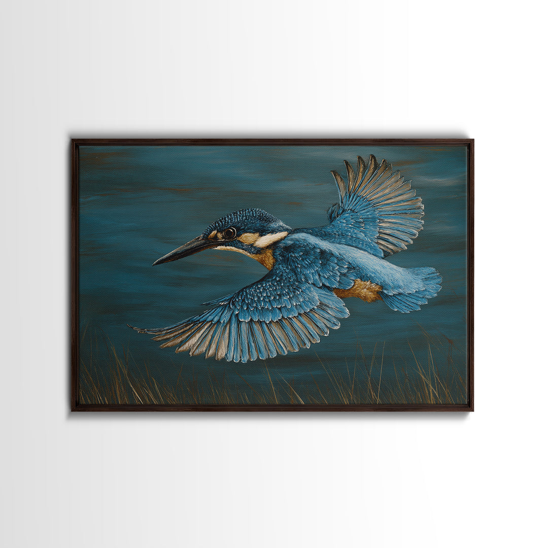 Kingfisher Diving Toward Blue Water Framed Canvas Print, Bird Art, Printable Art, Living Room Decor, Fine Art, Flight, BIR-3x2-15