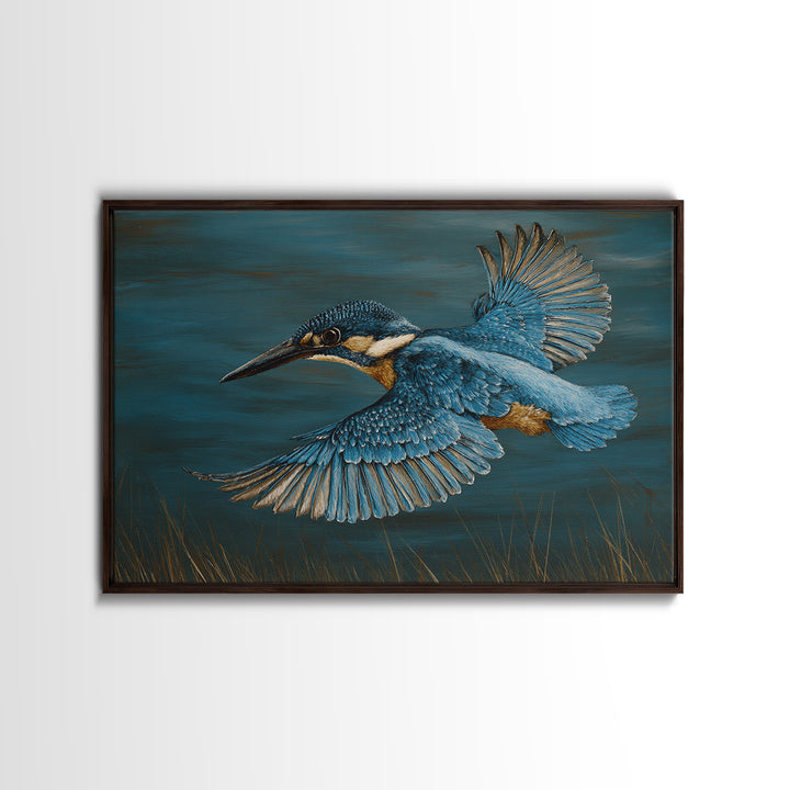 Kingfisher Diving Toward Blue Water Framed Canvas Print, Bird Art, Printable Art, Living Room Decor, Fine Art, Flight, BIR-3x2-15