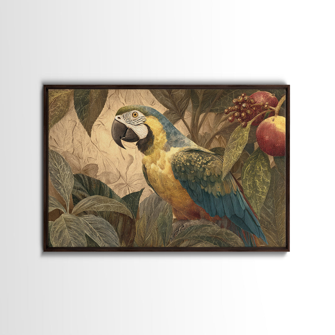 Parrot Among Tropical Leaves and Fruit Canvas Print, Bird Art, Modern Art, Living Room Decor, Fine Art, Flight, Floral Art, BIR-3x2-17