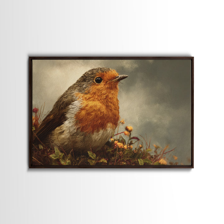 Robin in a Spring Garden with Soft Framed Canvas Print, Bird Art, Nature Prints, Living Room Decor, Fine Art, Flight, BIR-3x2-19