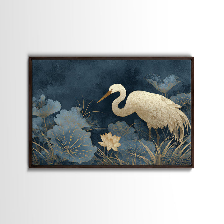 Crane and Lotus Composition Canvas Print, Bird Art, Botanical Wall Art, Living Room Decor, Fine Art, Flight, Forest Wall Art, BIR-3x2-21