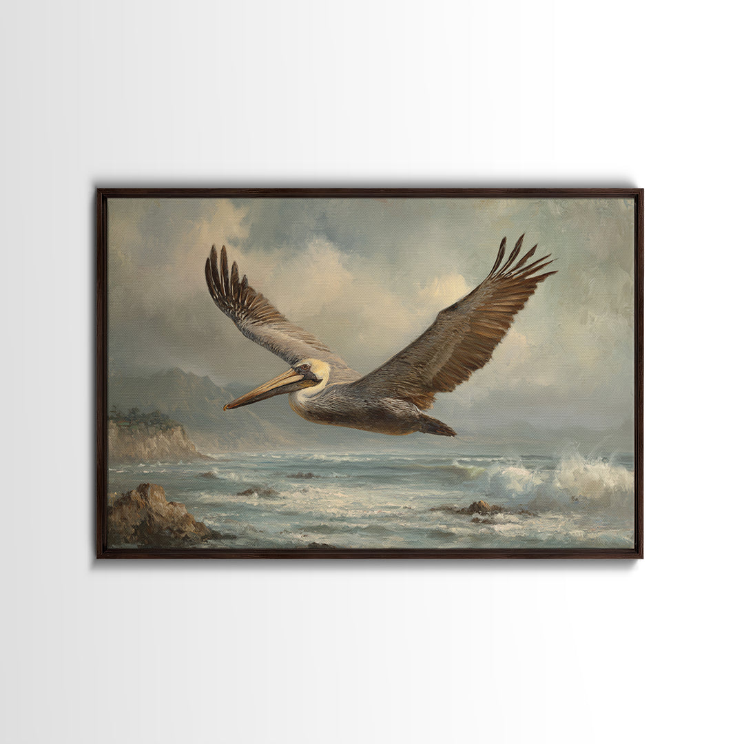 Pelican Flying over Coastal Waves Canvas Print, Bird Art, Printable Art, Living Room Decor, Oil Painting, Flight, BIR-3x2-22