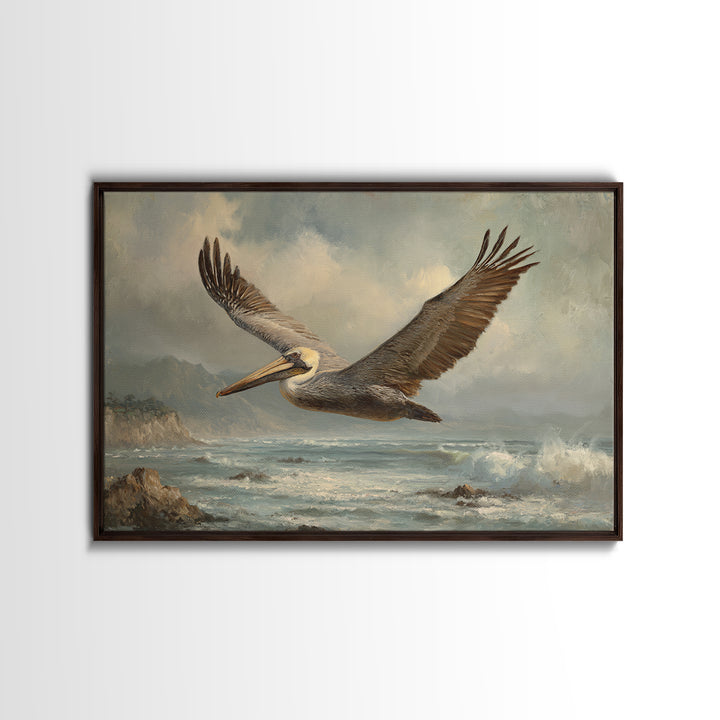 Pelican Flying over Coastal Waves Canvas Print, Bird Art, Printable Art, Living Room Decor, Oil Painting, Flight, BIR-3x2-22
