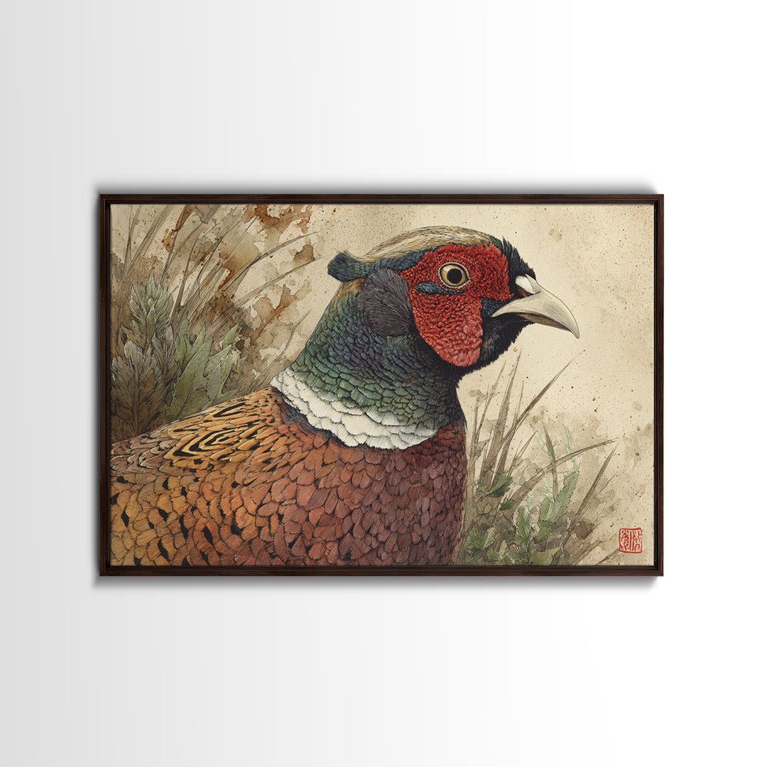 Pheasant with Ornate Feather Details Framed Canvas Print, Bird Art, Modern Art, Living Room Decor, Fine Art, Flight, Floral Art, BIR-3x2-23