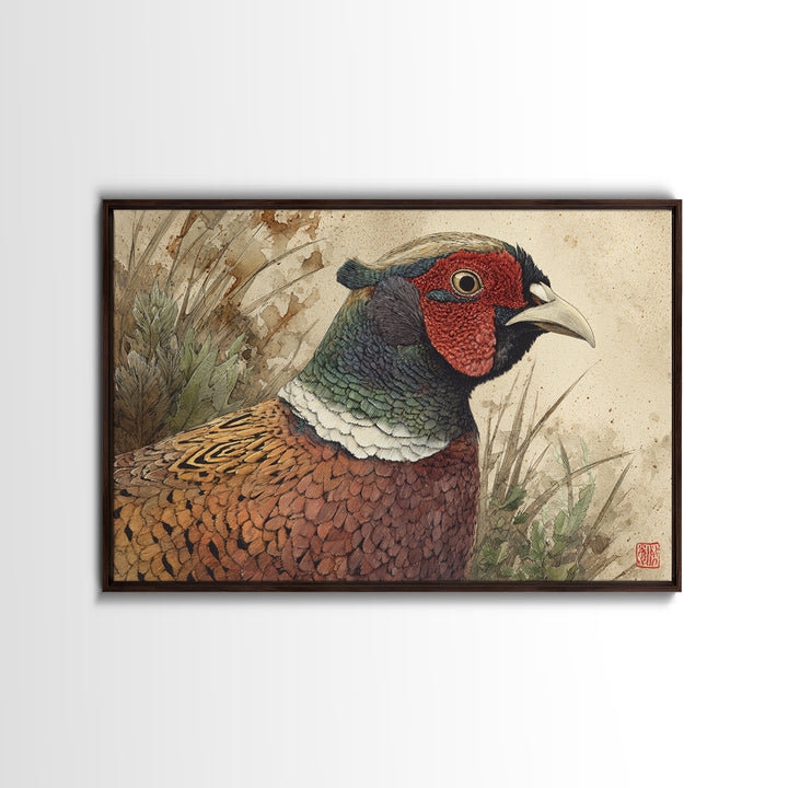 Pheasant with Ornate Feather Details Framed Canvas Print, Bird Art, Modern Art, Living Room Decor, Fine Art, Flight, Floral Art, BIR-3x2-23