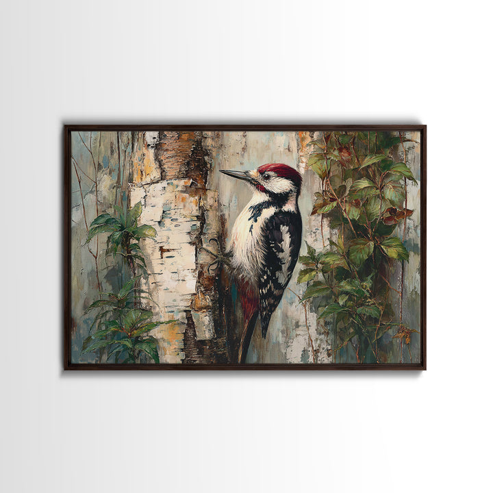Woodpecker on Birch Bark Texture Framed Canvas Print, Bird Art, Gallery Wall, Living Room Decor, Abstract Art, Flight, BIR-3x2-25