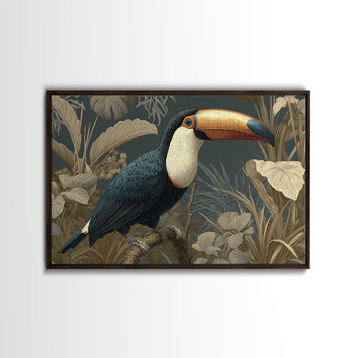 Toucan Framed by Bold Jungle Foliage Framed Canvas Print, Bird Art, Mcm Decor, Living Room Decor, Flight, Neutral Decor, BIR-3x2-27