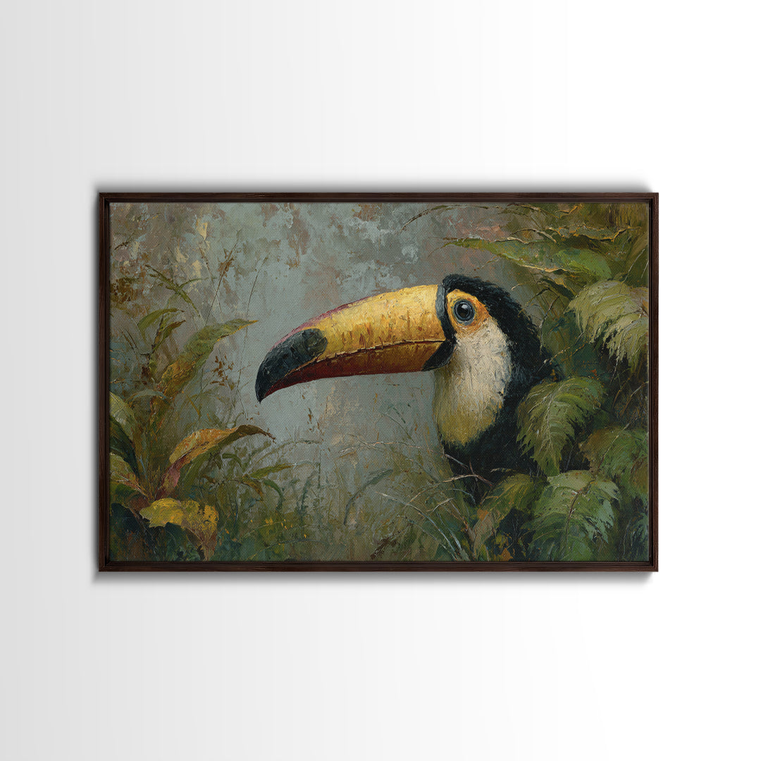 Toucan Framed by Bold Jungle Foliage Canvas Print, Bird Art, Modern Wall Art, Living Room Decor, Flight, Bird Wall Art, BIR-3x2-3