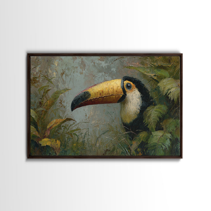 Toucan Framed by Bold Jungle Foliage Canvas Print, Bird Art, Modern Wall Art, Living Room Decor, Flight, Bird Wall Art, BIR-3x2-3