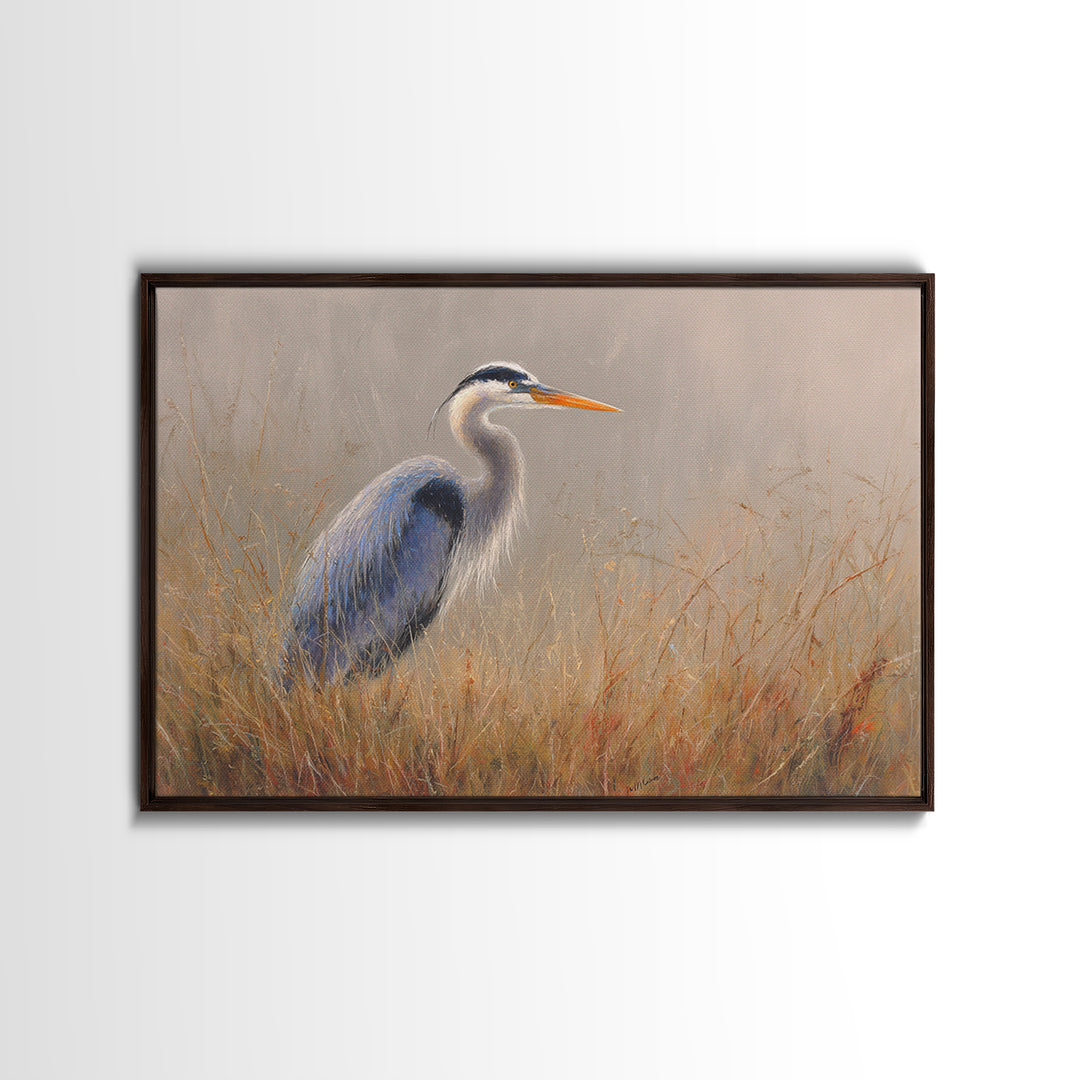 Blue Heron in Misty Marsh Grass Canvas Print, Bird Art, Modern Art, Living Room Decor, Flight, Floral Art, Forest Wall Art, BIR-3x2-30