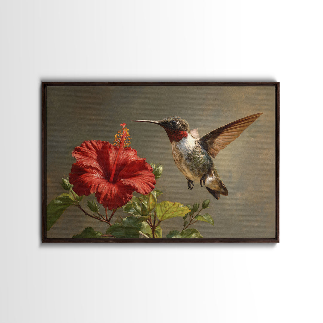 Hummingbird Hovering Beside Bright Hibiscus Canvas Print, Bird Art, Botanical Wall Art, Living Room Decor, Fine Art, Flight, BIR-3x2-32