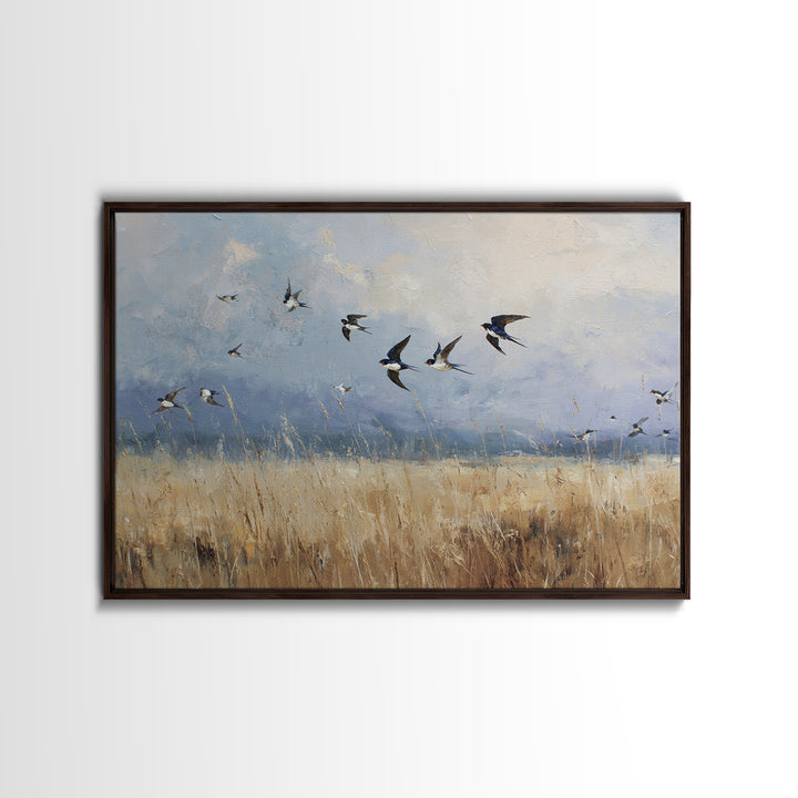 Flock of Swallows Sweeping Across Open Sky Canvas Print, Bird Art, Botanical Wall Art, Living Room Decor, Watercolor Art, BIR-3x2-34