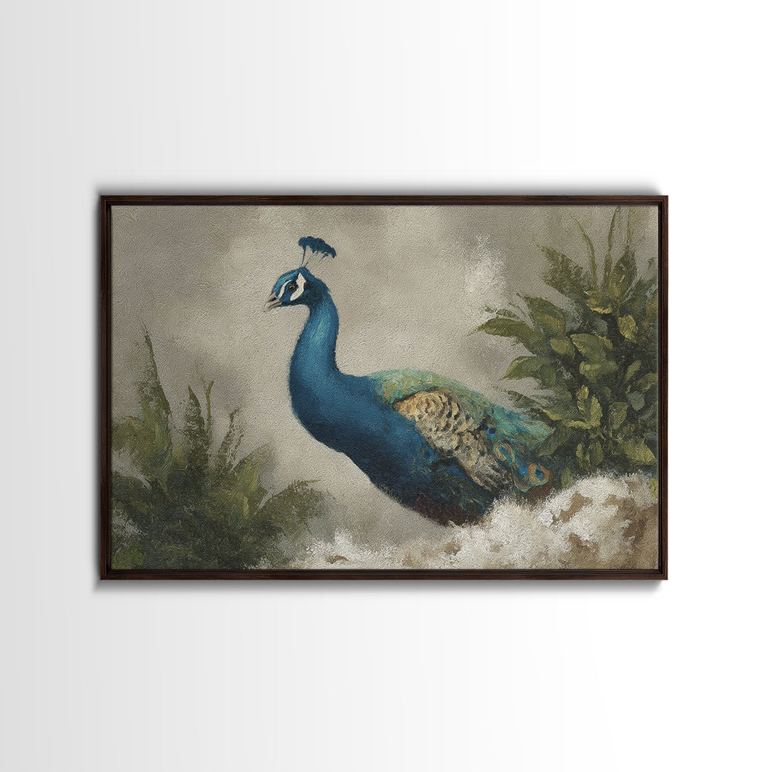 Peacock with Jewel Tone Feather Pattern Framed Canvas Print, Bird Art, Nature Wall Art, Living Room Decor, Fine Art, Flight, BIR-3x2-35