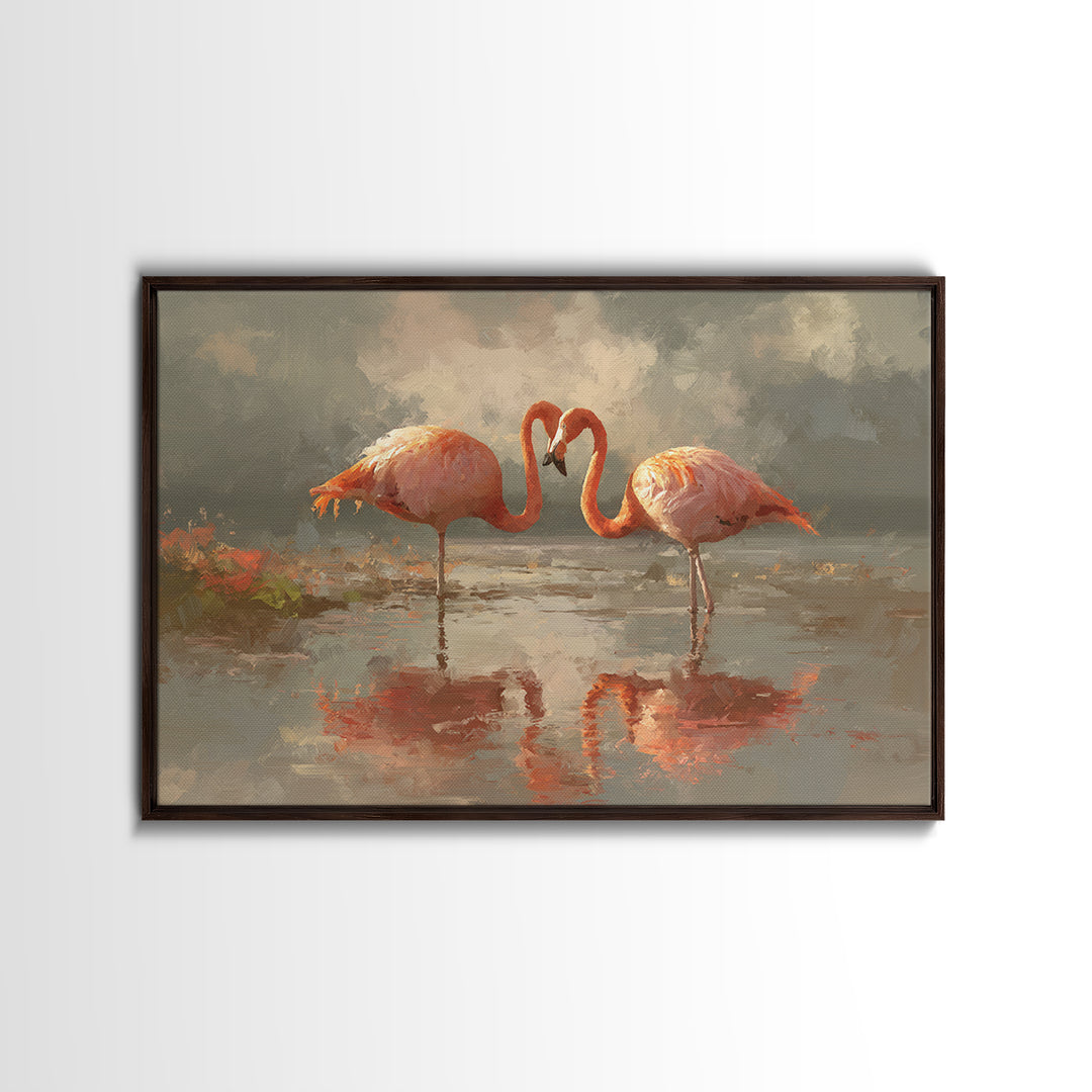 Flamingo Pair in Coral Water Reflections Canvas Print, Bird Art, Japanese Wall Art, Living Room Decor, Fine Art, Flight, BIR-3x2-38