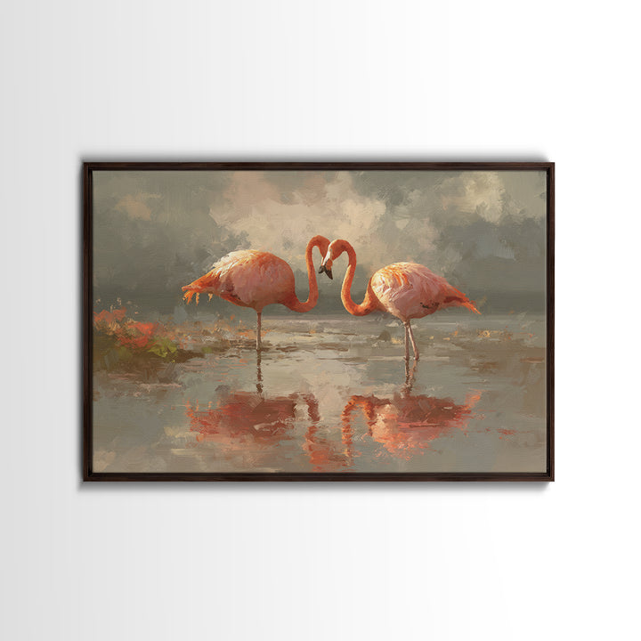 Flamingo Pair in Coral Water Reflections Canvas Print, Bird Art, Japanese Wall Art, Living Room Decor, Fine Art, Flight, BIR-3x2-38