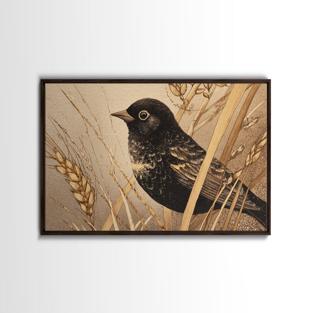 Blackbird on Gold Wheat Field Canvas Print, Bird Art, Mid Century Modern, Living Room Decor, Oil Painting, Flight, BIR-3x2-4