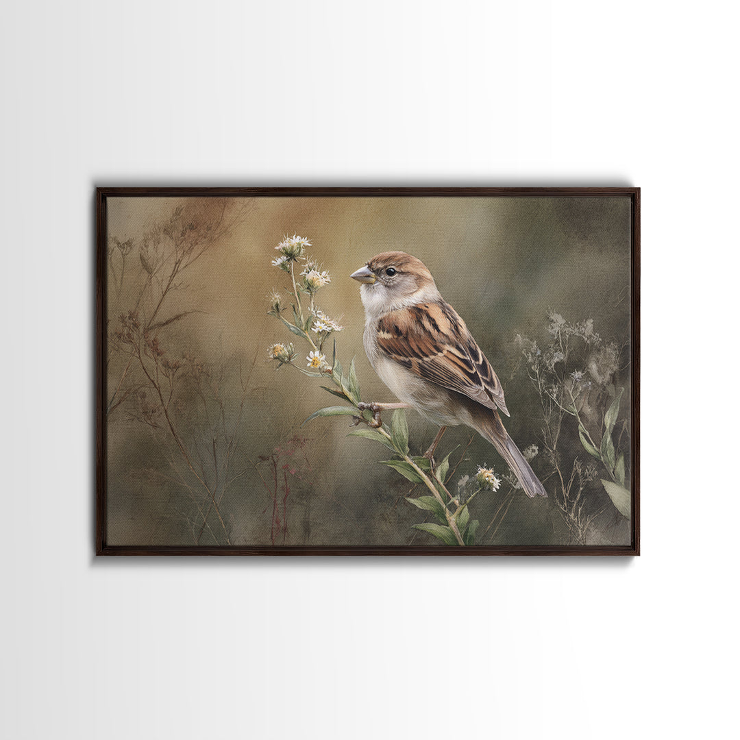 Small Sparrow on Wildflower Stem Canvas Print, Bird Art, Modern Wall Art, Living Room Decor, Watercolor Art, Flight, BIR-3x2-42