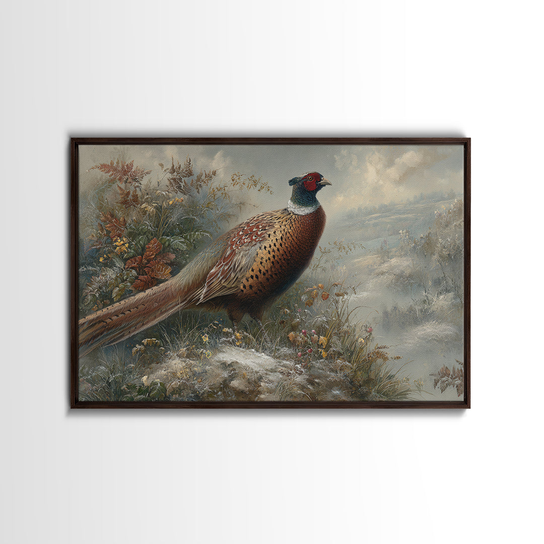 Pheasant with Ornate Feather Details Framed Canvas Print, Bird Art, Room Decor, Living Room Decor, Oil Painting, Flight, BIR-3x2-47