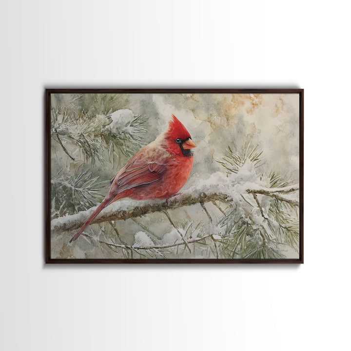 Red Cardinal on Snowy Pine Branch Framed Canvas Print, Bird Art, Mcm Decor, Living Room Decor, Oil Painting, Flight, BIR-3x2-5