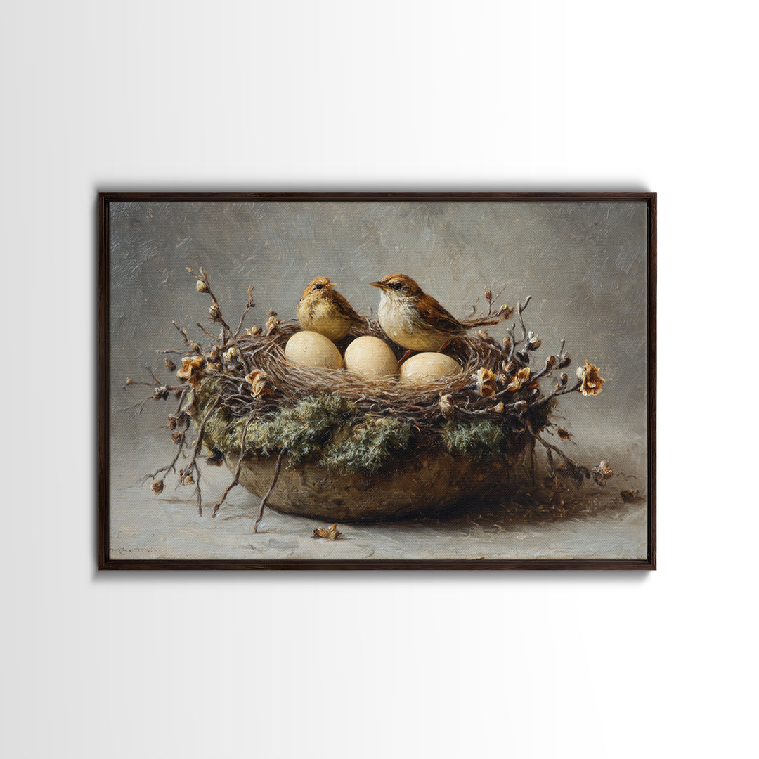 Bird Nest with Eggs and Delicate Twigs Framed Canvas Print, Bird Art, Living Room Decor, Oil Painting, Flight, BIR-3x2-50