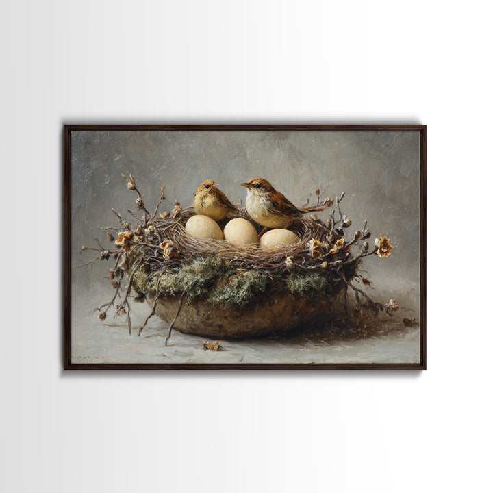 Bird Nest with Eggs and Delicate Twigs Framed Canvas Print, Bird Art, Living Room Decor, Oil Painting, Flight, BIR-3x2-50
