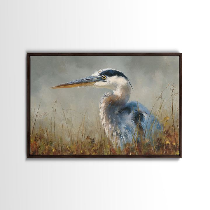 Blue Heron in Misty Marsh Grass Canvas Print, Bird Art, Modern Art, Living Room Decor, Flight, Floral Art, Forest Wall Art, BIR-3x2-54
