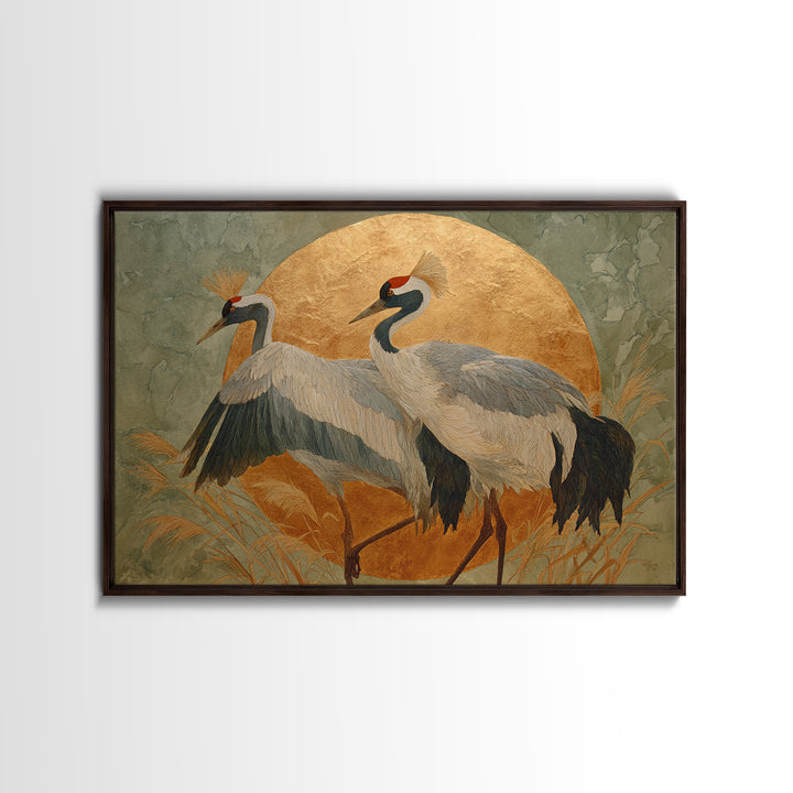 Pair of Cranes Dancing Framed Canvas Print, Bird Art, Digital Prints, Living Room Decor, Oil Painting, Flight, Modern Art, BIR-3x2-55