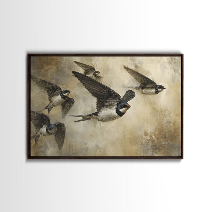Flock of Swallows Sweeping Across Open Sky Canvas Print, Bird Art, Botanical Wall Art, Living Room Decor, Watercolor Art, BIR-3x2-58