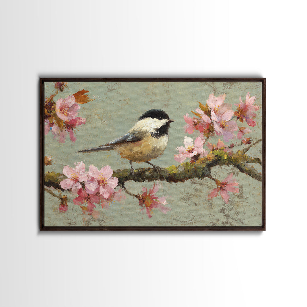 Songbird Perched on Cherry Blossoms Framed Canvas Print, Bird Art, Forest Wall Art, Living Room Decor, Fine Art, Flight, BIR-3x2-60