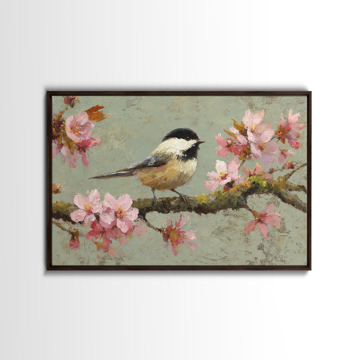 Songbird Perched on Cherry Blossoms Framed Canvas Print, Bird Art, Forest Wall Art, Living Room Decor, Fine Art, Flight, BIR-3x2-60