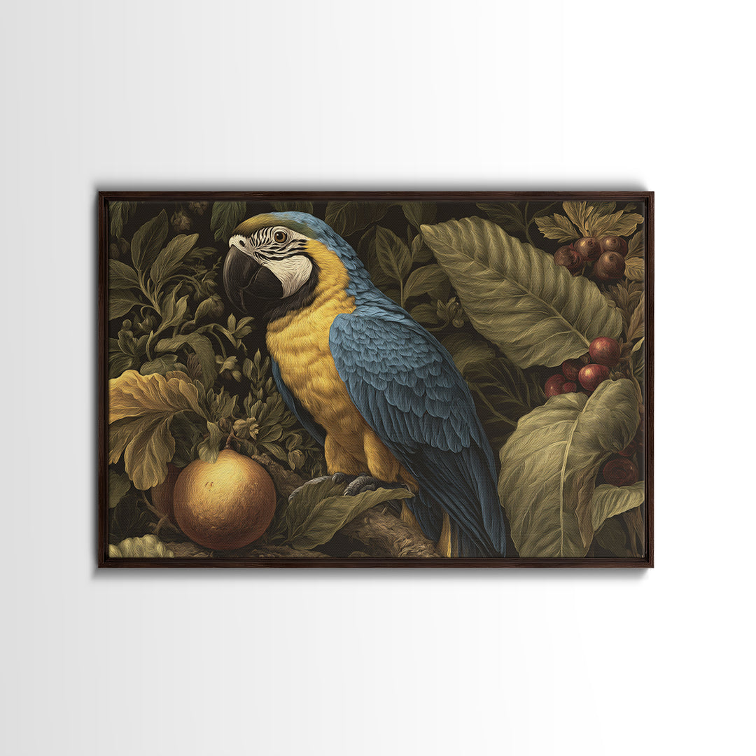 Parrot Among Tropical Leaves and Fruit Framed Canvas Print, Bird Art, Digital Download Art, Living Room Decor, Watercolor Art, BIR-3x2-65