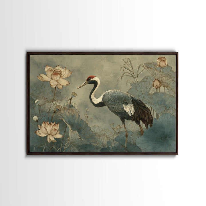 Crane and Lotus Composition Framed Canvas Print, Bird Art, Nature Prints, Living Room Decor, Fine Art, Flight, Boho Decor, BIR-3x2-69