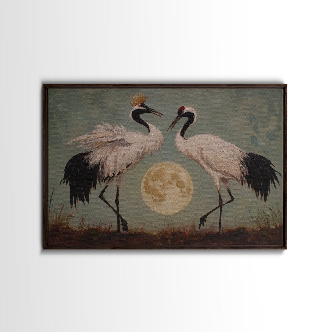 Pair of Cranes Dancing Framed Canvas Print, Bird Art, Home Decor, Living Room Decor, Abstract Art, Flight, Modern Wall Art, BIR-3x2-7