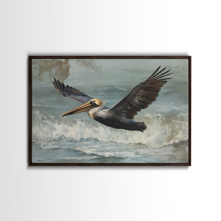 Pelican Flying over Coastal Waves Framed Canvas Print, Bird Art, Boho Wall Decor, Living Room Decor, Fine Art, Flight, BIR-3x2-70