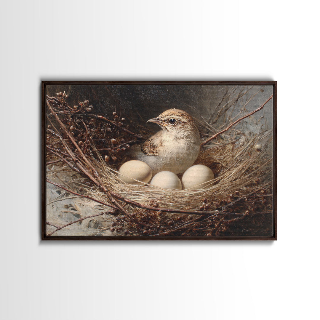 Bird Nest with Eggs and Delicate Twigs Framed Canvas Print, Bird Art, Living Room Decor, Oil Painting, Flight, BIR-3x2-74