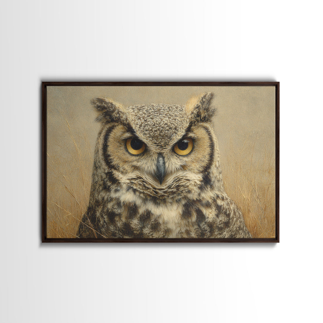 Owl Portrait with Wise Golden Eyes Framed Canvas Print, Bird Art, Bird Wall Art, Living Room Decor, Oil Painting, Flight, BIR-3x2-81