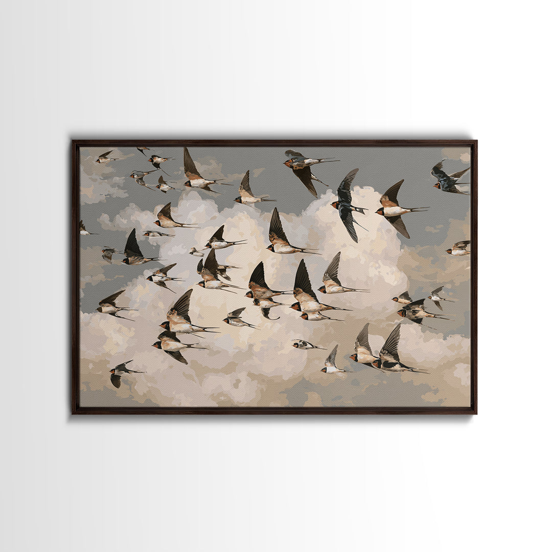 Flock of Swallows Sweeping Across Open Sky Framed Canvas Print, Bird Art, Nature Prints, Living Room Decor, Oil Painting, BIR-3x2-82